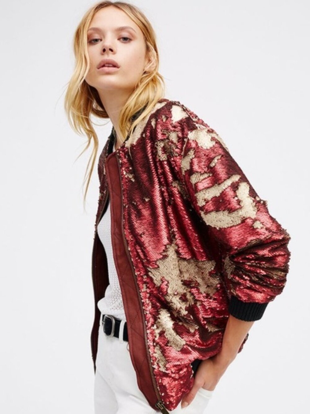 Free People Sequin Bomber Jacket Coat Reversible Colour Size Small Red Ivory